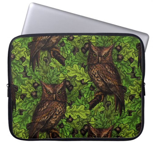 Owls in the oak tree green and brown laptop sleeve