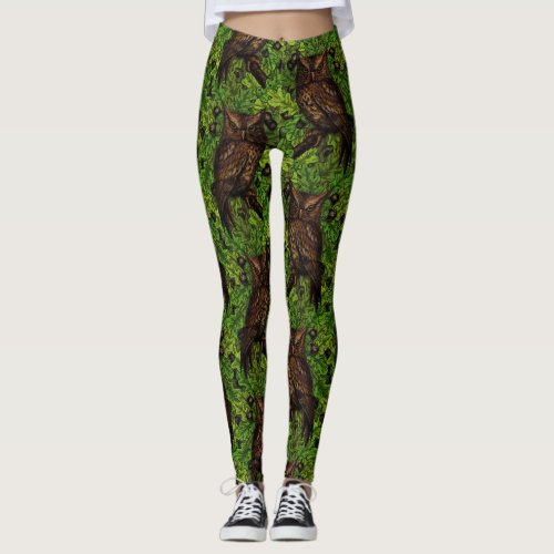Owls in the oak tree green and brown leggings