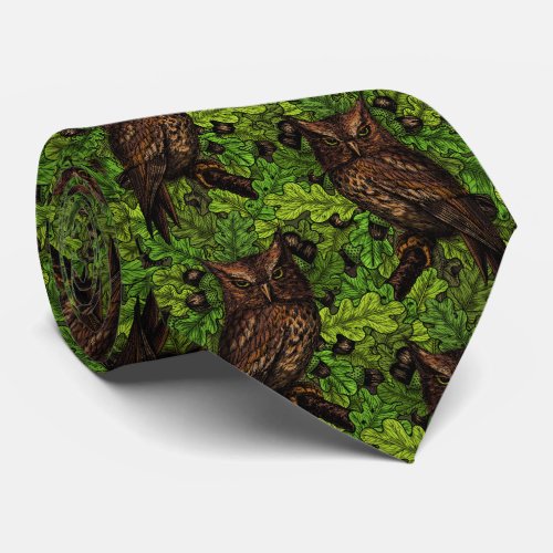 Owls in the oak tree green and brown neck tie