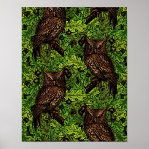 Owls in the oak tree, green and brown poster