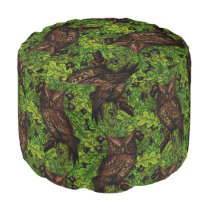 Owls in the oak tree, green and brown pouf