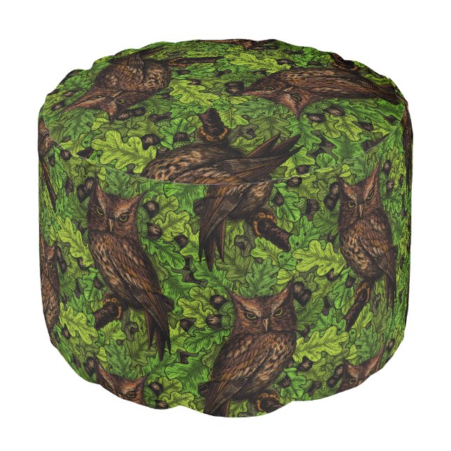 Owls in the oak tree, green and brown pouf (Angled Front)