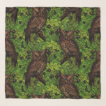 Owls in the oak tree, green and brown scarf<br><div class="desc">Hand - drawn pattern with owls in an oak tree</div>