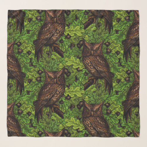 Owls in the oak tree green and brown scarf