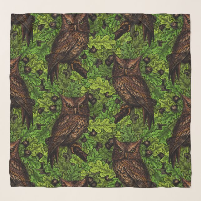 Owls in the oak tree, green and brown scarf (Front)