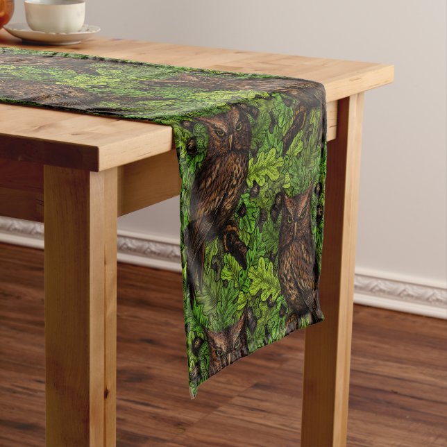 Owls in the oak tree, green and brown short table runner (In Situ)