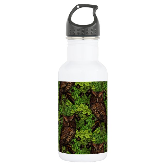 Owls in the oak tree, green and brown stainless steel water bottle (Front)