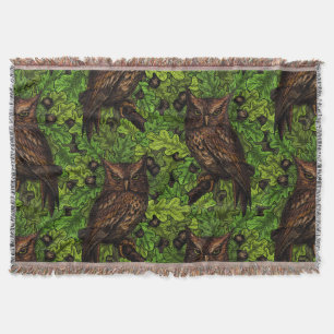 Owls in the oak tree, green and brown throw blanket