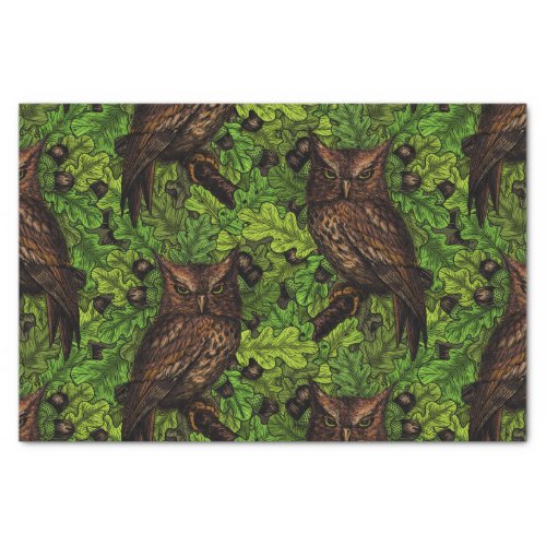 Owls in the oak tree green and brown tissue paper