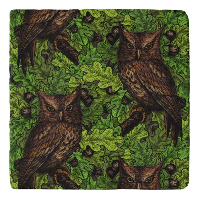 Owls in the oak tree, green and brown trivet (Front)