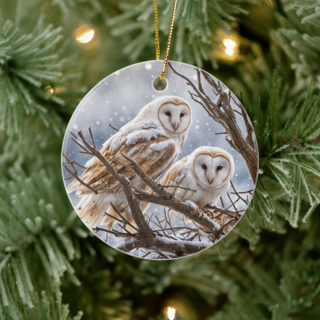 Owls in the Snow Winter Christmas Ceramic Ornament (Tree)
