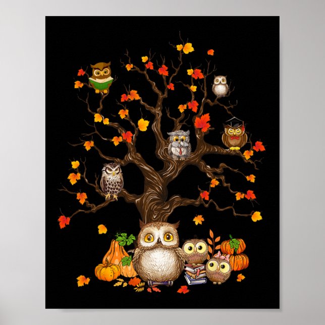 Owls Leaves Tree Fall Autumn Pumpkin Halloween Owl Poster (Front)