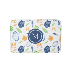 Owls Lime Orange Navy Blue Monogram Bathmat