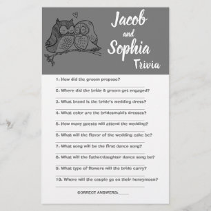 OWLS LOVE, BRIDE & GROOM TRIVIA SHOWER GAME CARD FLYER