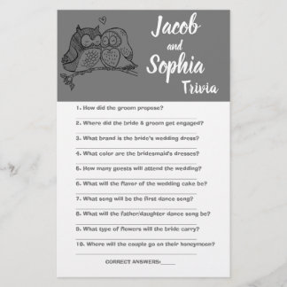OWLS LOVE, BRIDE & GROOM TRIVIA SHOWER GAME CARD FLYER