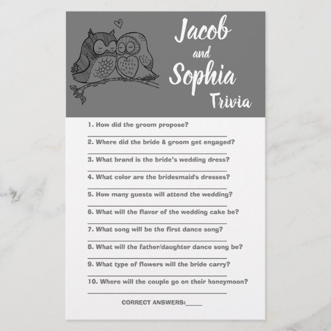 OWLS LOVE, BRIDE & GROOM TRIVIA SHOWER GAME CARD FLYER (Front)