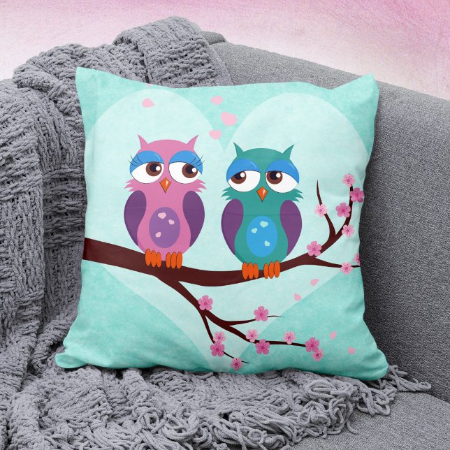 Owls Love in Spring Cute Cartoon Birds on Blue Throw Pillow (Creator Uploaded)