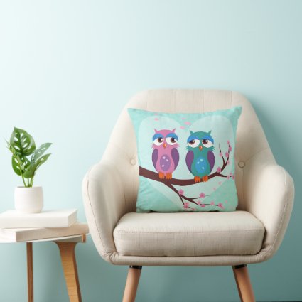Owls love in spring Cute cartoon light blue