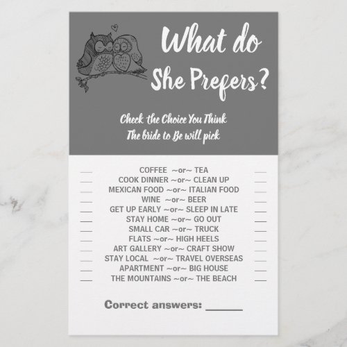 Owls Love Would She prefer Bridal Shower Game Card Flyer