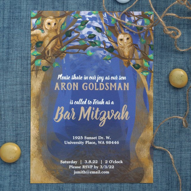 Owls, Misty Forest, Blue, Beige Bar Mitzvah Invite (brown, blue rustic forest owls in trees, leafy green bar mitzvah invitations, young man's birthday)