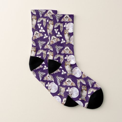 Owls moths full moon on purple socks