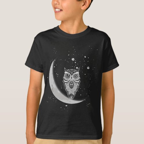 Owls night owls owl at night on moon at night sky T_Shirt