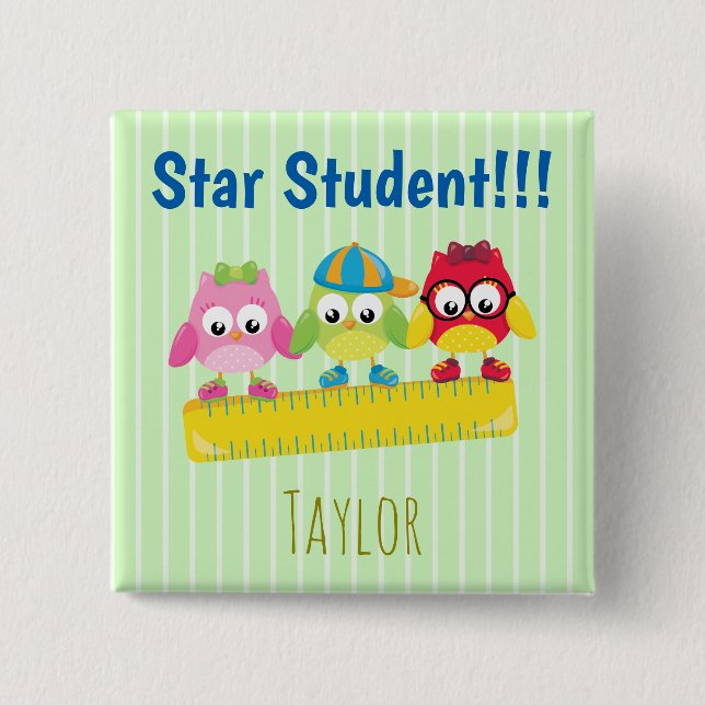 Owls on a Ruler Star Student Button (Front)