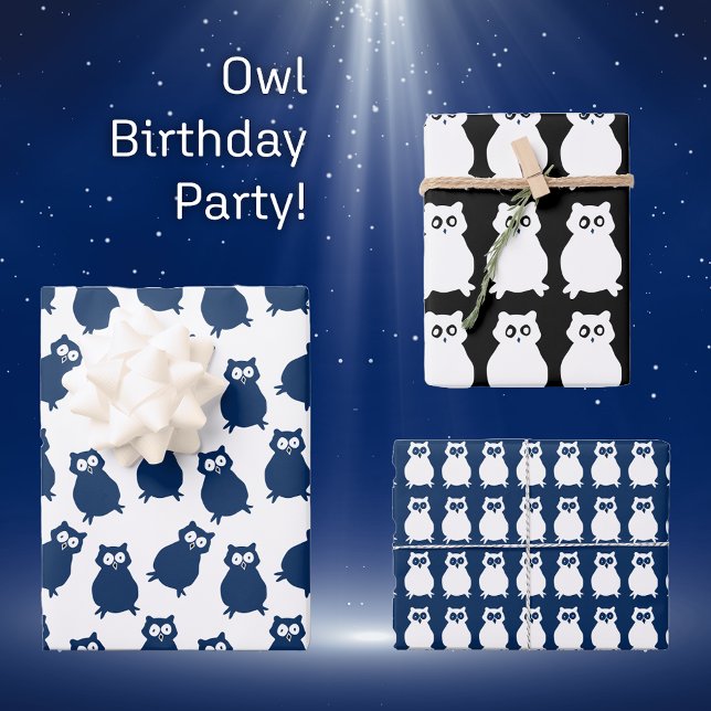 Owls on blue and Black Birthday  Wrapping Paper Sheets (Creator Uploaded)