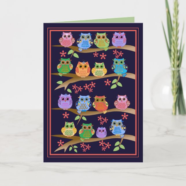 Owls on branches cute text Birthday card (Front)