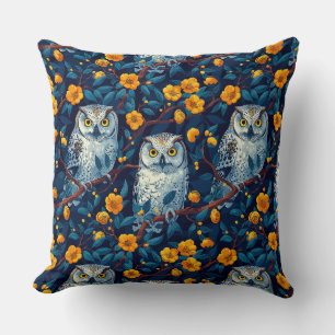 Owls on floral background, flowers, leaves, dark, throw pillow