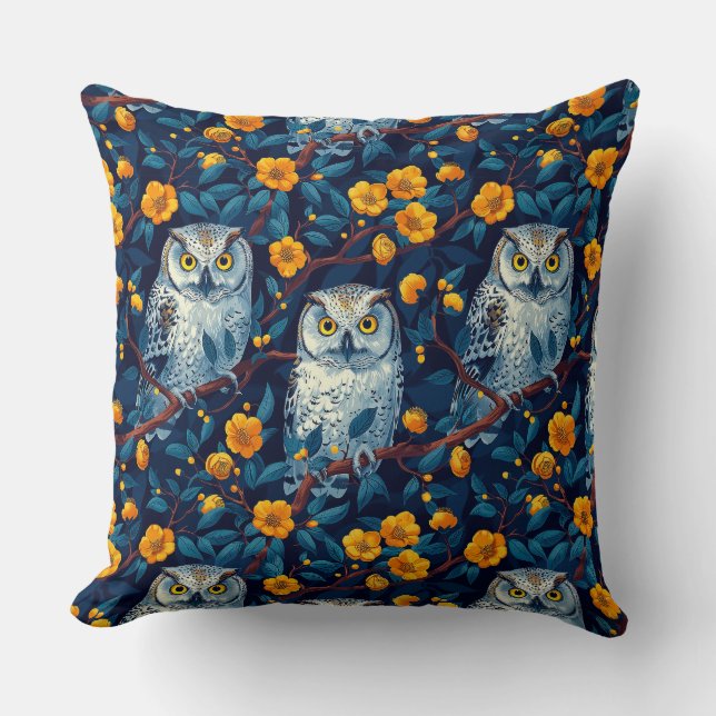 Owls on floral background, flowers, leaves, dark,  throw pillow (Front)