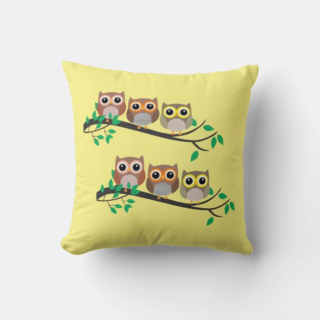 Owls On Tree Limb Cute Funny Birds Animals  Throw Pillow (Front)