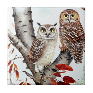 Owls sitting in a White Birch Tree in Autumn Ceramic Tile