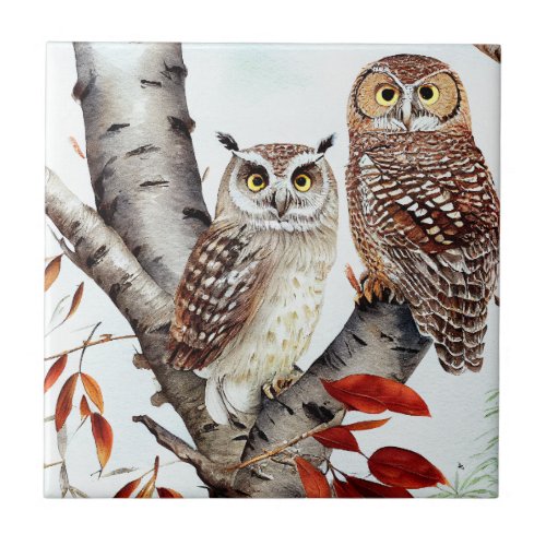  Owls sitting in a White Birch Tree in Autumn Ceramic Tile