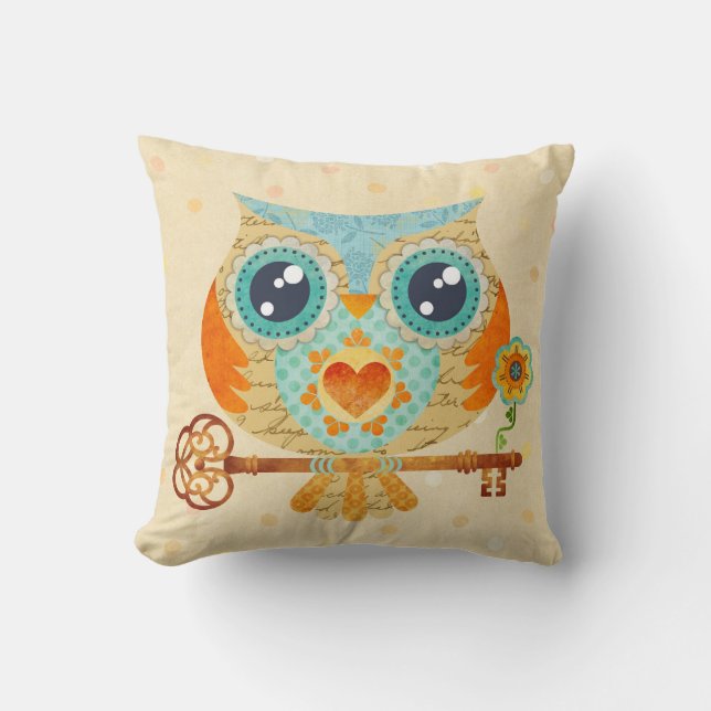 Owl's Summer Love Letters Throw Pillow (Front)