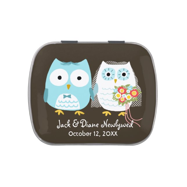 Owls Wedding Bride and Groom with Custom Text Candy Tin (Top)