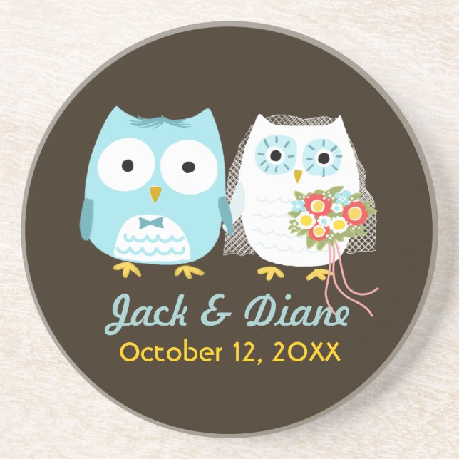 Owls Wedding - Bride and Groom with Custom Text Drink Coaster (Front)