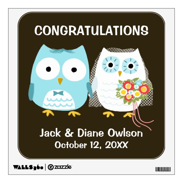 Owls Wedding Bride and Groom with Custom Text Wall Decal (Front)
