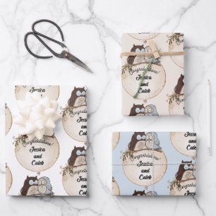 Owls Wedding Congratulations Add Names Cute 3 Wrapping Paper Sheets