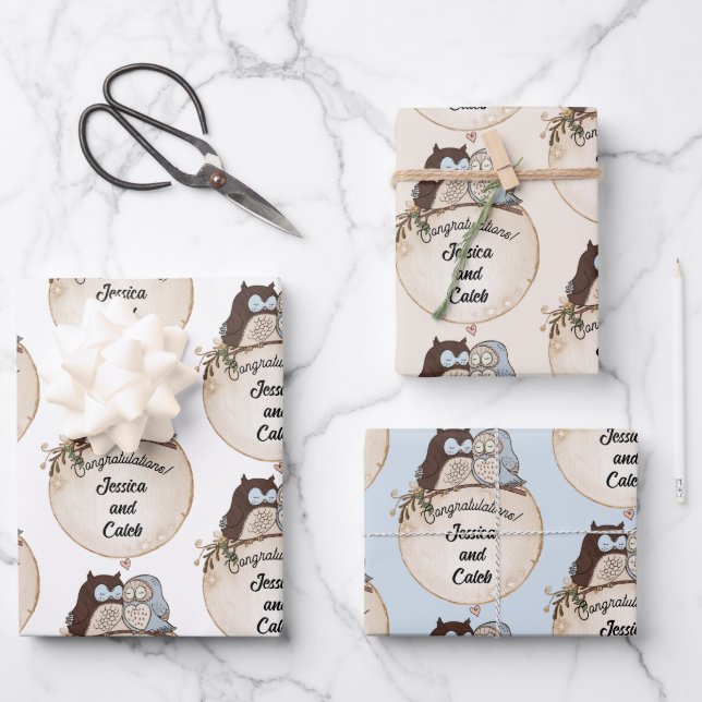 Owls Wedding Congratulations Add Names Cute 3 Wrapping Paper Sheets (Front)