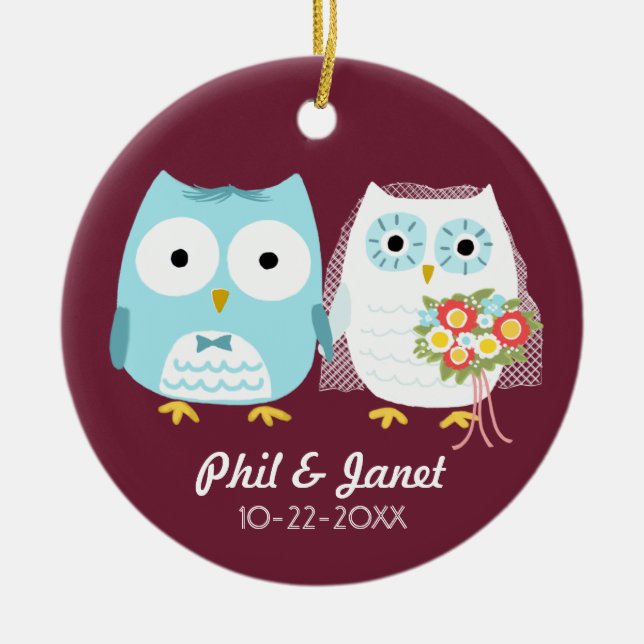 Owls Wedding Couple - Adorable Bride and Groom Ceramic Ornament (Front)