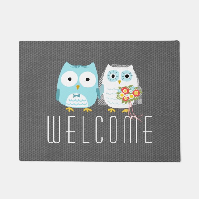 Owls Wedding Couple | Cute Bride and Groom Custom Doormat (Front)