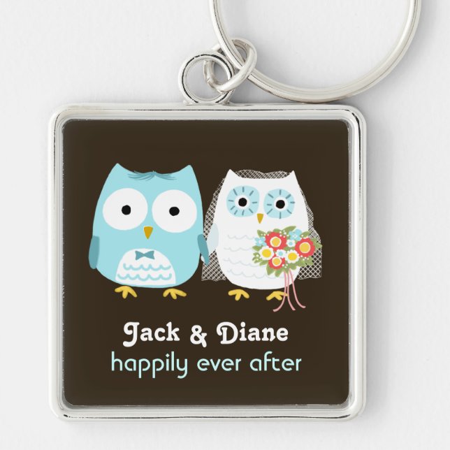 Owls Wedding Couple - Cute Bride and Groom Keychain (Front)