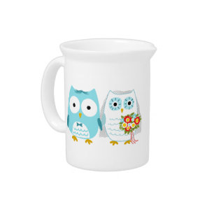 Owls Wedding Cute Bride and Groom with Custom Text Beverage Pitcher