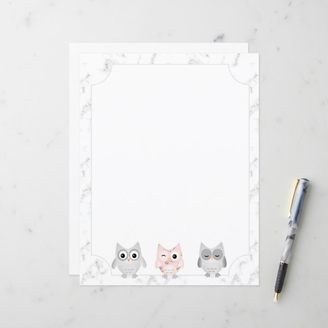 Owls White Marble Look Bordered Writing Paper (Front/Back In Situ)