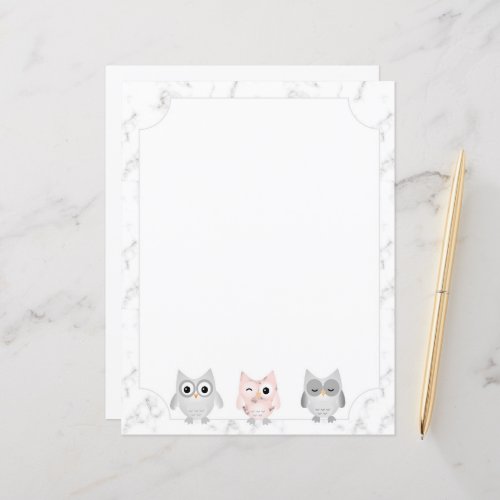 Owls White Marble Look Bordered Writing Paper