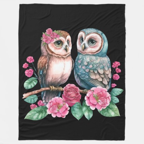 Owls with Flowers on a Branch Graphic Fleece Blanket