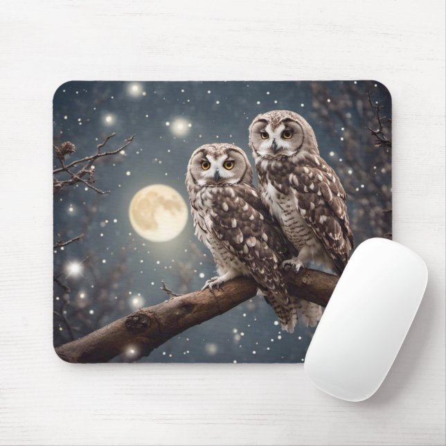 Owls With Full Moon Mouse Pad (With Mouse)