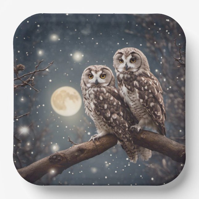 Owls With Full Moon Paper Plates (Front)