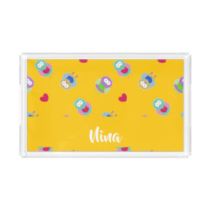 Owls with hearts on orange acrylic tray